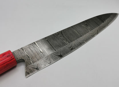 Détail mitre et talon lame damas manche pakka rouge couteau de chef L'Estérel