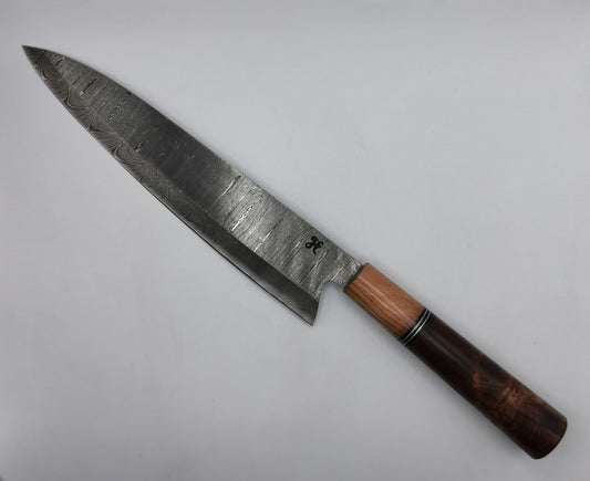 Couteau de chef gyuto acier damas Le Meunier manche bois de rose et olivier - Coutellerie Hosteel
