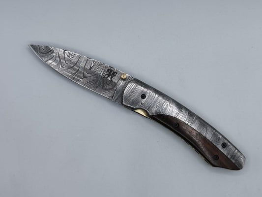 Couteau pliant acier damas L'Alpille full damas vue ouverte manche bois de rose - Coutellerie Hosteel