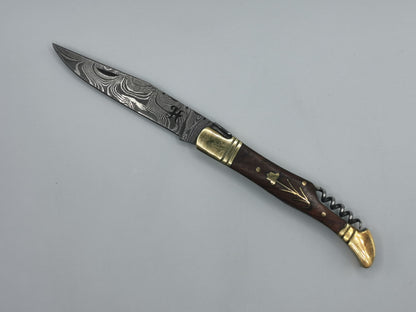 Couteau sommelier pliant L'Arlésien en acier damas avec tire-bouchon, manche bois de rose – Hosteel