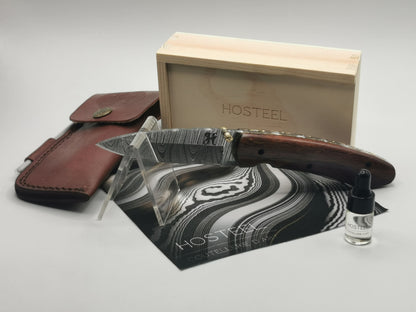 Coffret complet couteau Le Baou étui cuir huile camélia boîte bois Hosteel