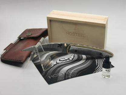 Coffret complet du couteau Le Ferranel Hosteel : couteau, étui cuir, boîte bois, huile d'entretien
