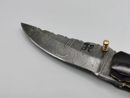 Gros plan sur la pointe et le veinage de la lame en acier damas du couteau Le Levan – Hosteel