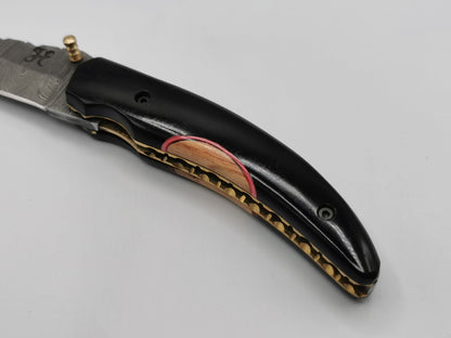 Détail du manche en corne de buffle noire avec insert en bois d'olivier souligné d'un filet rouge, couteau Le Levan