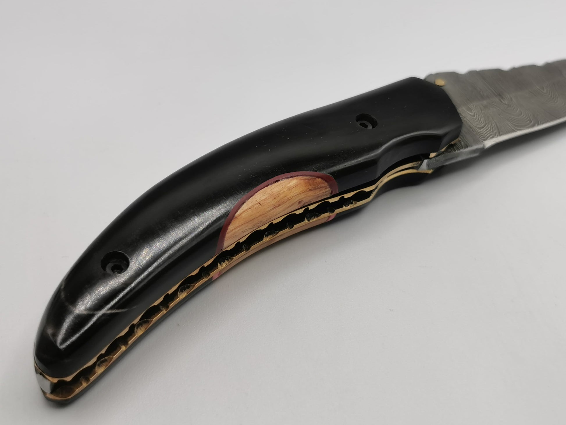 Détail du manche en corne de buffle noire et de l'insert en bois d'olivier à filet rouge, couteau Le Levan