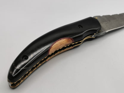 Détail du manche en corne de buffle noire et de l'insert en bois d'olivier à filet rouge, couteau Le Levan