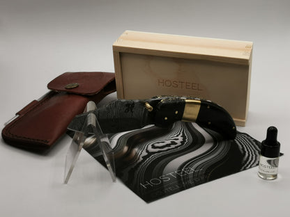 Coffret complet couteau Le Lou Venturi étui cuir huile camélia boîte bois Hosteel
