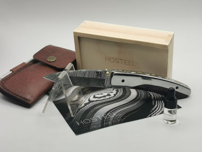 Coffret complet du couteau Le Luberon Hosteel : couteau, étui cuir, boîte bois, huile d'entretien