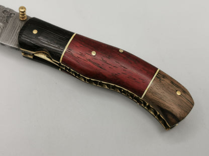 Manche couteau pliant tricolore bois wengé padouk noyer filets laiton Le Roucas