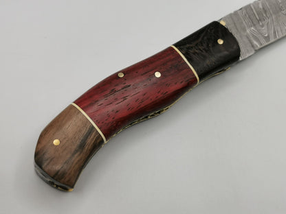 Manche couteau Le Roucas trois essences de bois inserts laiton vue de dessus